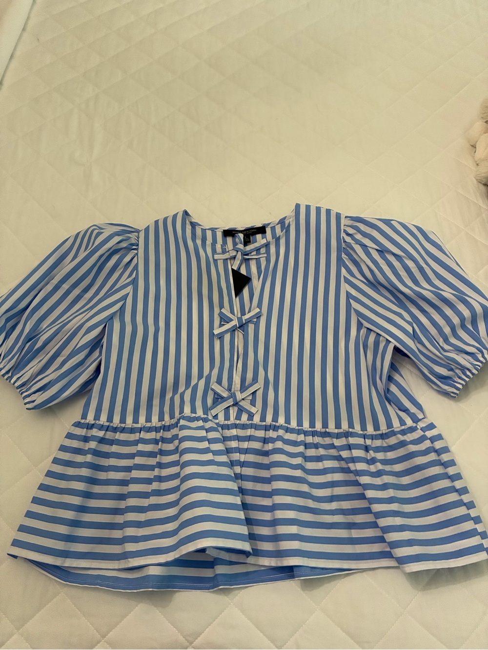Marc New York Blue and White Striped Puff Sleeve Peplum Top